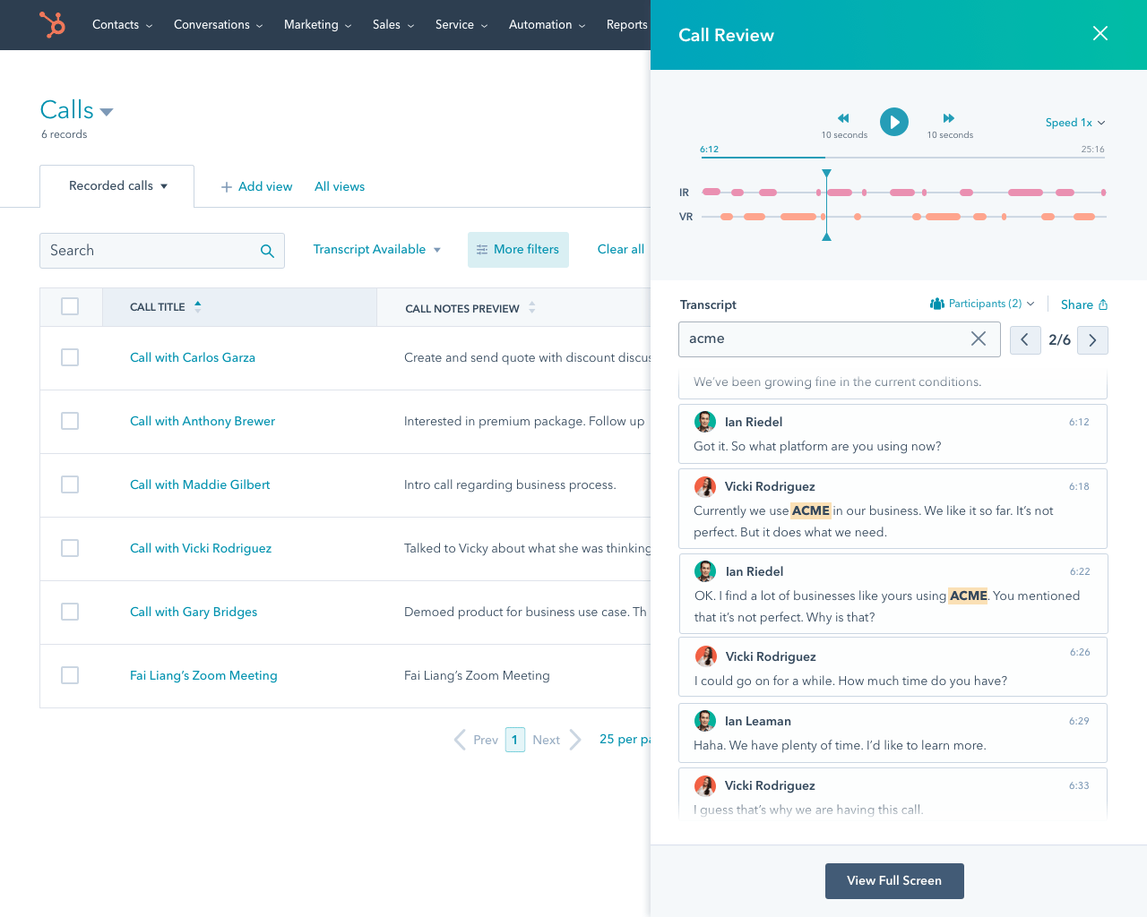 Call index - call review panel search for competitor