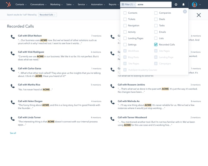 Global Search - call keyword search and filters